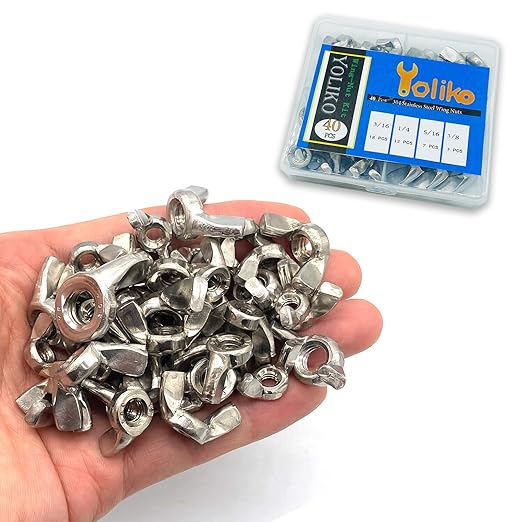 40 Pcs 4 Sizes 3/8,5/16",1/4",3/16"(10#), Wingnuts, 304 Stainless Steel Wing Nuts Fasteners Parts Butterfly Nut, Hand Twist Tighten Hardware Nuts Butterfly Wing-Nut Assorted Kit