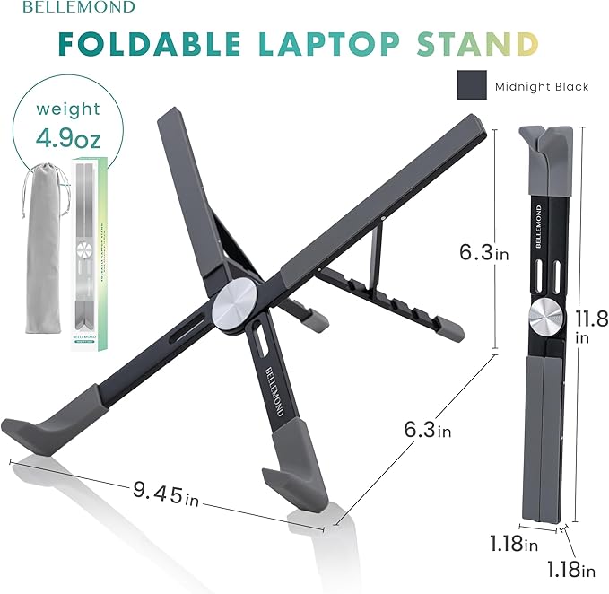BELLEMOND | Adjustable Laptop Stand โ Lightweight Aluminum Riser with 5 Height Levels | Foldable, Ventilated X-Frame Design | Designed in Japan | Fits Laptops & Tablets up to 17.3โ | Midnight Black