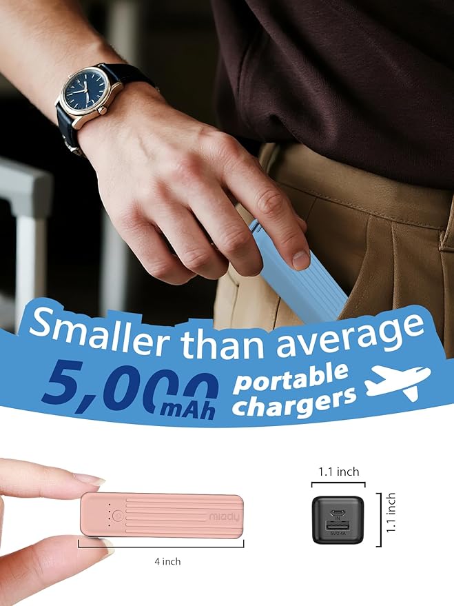 Miady 2-Pack Small Portable Charger, 5000mAh Battery Pack 3.45oz Lightweight Power Bank 5V/2.4A Output & 5V/2A Input Battery Pack Charger Mini Portable Phone Charger for iPhone, Samsung Galaxy etc
