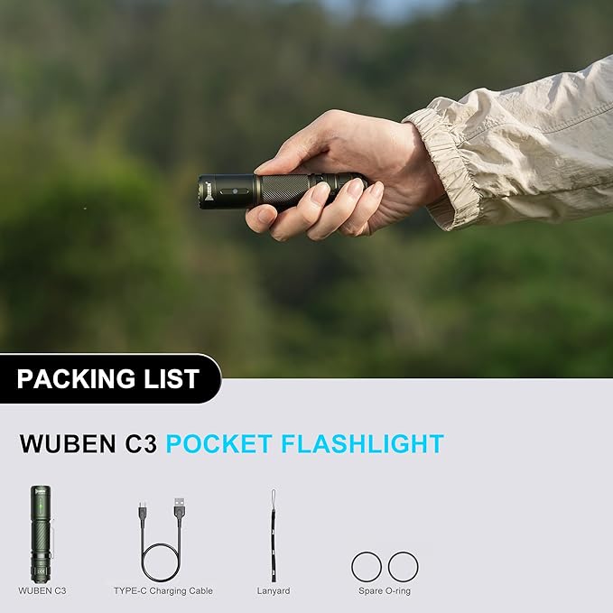 WUBEN C3 Flashlight 1200 High Lumens Rechargeable Flashlights 6 Modes Super Bright IP68 LED Tactical Flashlight for Camping, Home, Emergenc, Inspection, Repair, Tool Gifts for Men(Army Green)