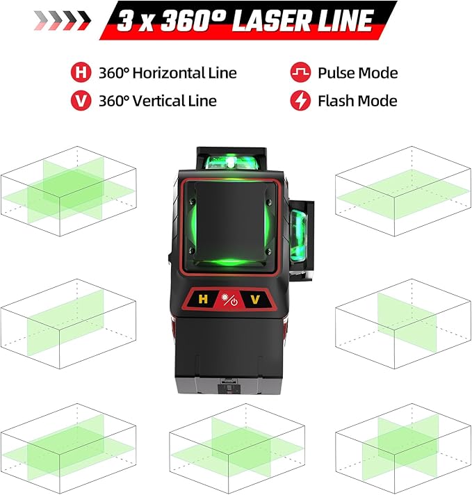 Laser Level with Tripod, 3x360° Green Line Laser Tool with Self-Leveling & Manuel Models, Remote/Touch Control, Rechargeable Battery for Picture Hanging, Tile, Home Renovation (Bag Included)
