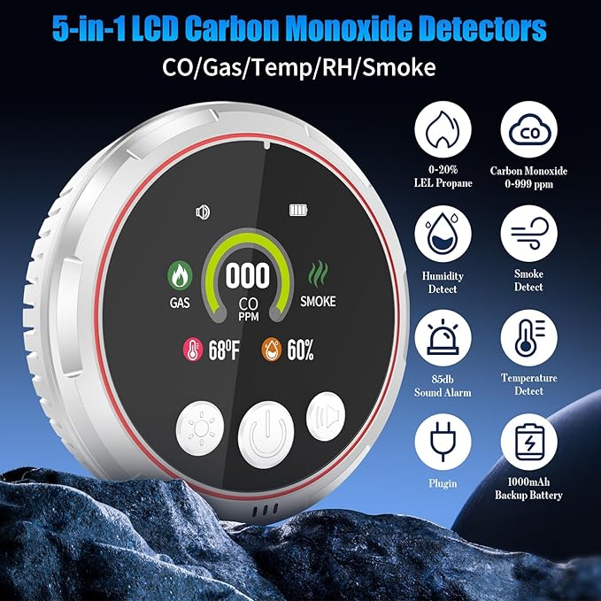 3 Pack 5-in-1 Carbon Monoxide Detectors & Smoke & Natural Gas Leak Detector, Portable Carbon Monoxide Detectors Plug in & Battery Backup, HD Screen Display - Hotel and Travel Safety, RV, Home