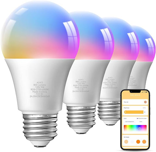 TJOY 4 Pack Smart Light Bulbs, Bluetooth WiFi Led Bulb Work with Alexa &Google Assistant, RGB Color Changing Alexa Bulbs, Music Sync, 2700K-6500K, 9W(60W Equivalent), A19 E26 800LM, 2.4Ghz WiFi only
