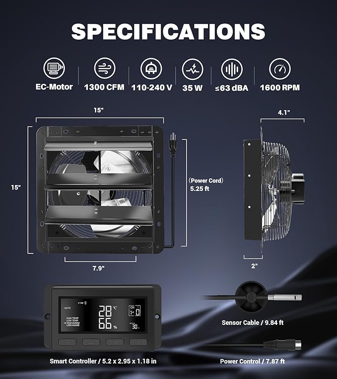 YOZON 12 Inch Attic Fan with Thermostat, Garage Exhaust Fan with Smart Temperature Humidity Controller, EC Motor, 1300 CFM, 10-Speed Adjustable for Chicken Coops, Greenhouses, Workshop Ventilation