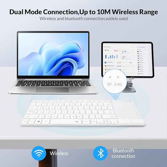 Rii K22S 2.4G Wireless and Bluetooth Touch TV Keyboard with Easy Media Control and Built-in Touchpad,Stainless Steel Compact Keyboard for Windows, Android, Chrome OS, Laptop, Tablet - White