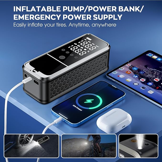 Tire Inflator Portable Air Compressor, Portable Air Pump with Tire Gauge Pressure & LED Light Air Pump for Car Tires Portable Tire Inflator for Car Cordless Bike Pump for Car, Moto, Bike, Ball