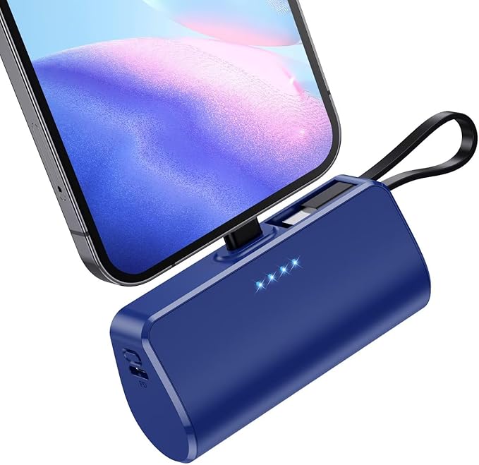 Mini Portable Charger for iPhone with Built-in Type-C Cable, 5200mAh Ultra-Compact Power Bank, PD 20W Fast Charging Battery Pack Phone Charger for iPhone 16/15/14/13, Samsung, Google, Android (Blue)