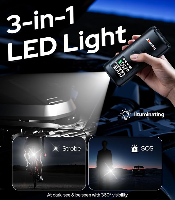 WARWOLF 160PSI Tire Inflator Portable Air Compressor - 48LPM Fast Air Pump for Car Tires: SUV, Light Truck, Motorcycle, Bike, 10000mAh with Auto Shut-Off, Digital Gauge, 12V Car Adapter, LED Light