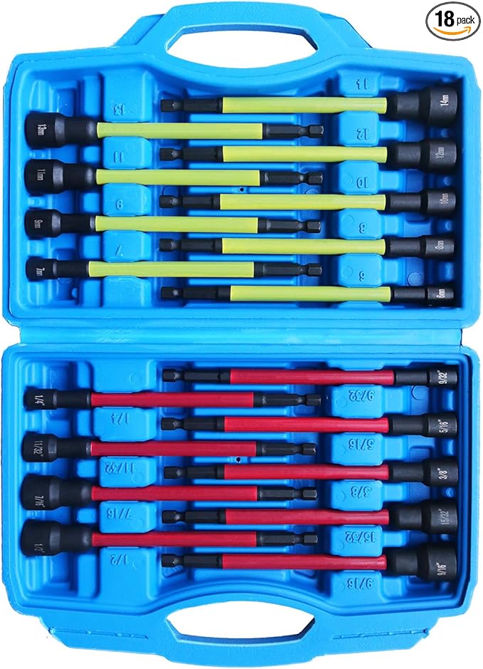 18Pcs Magnetic Nut Driver Set,Impact Power Hex Extra Long Nut Driver Drill Bit Master Kit | SAE & Metric | 1/4 Inch Hex Shank | Cr-V Steel