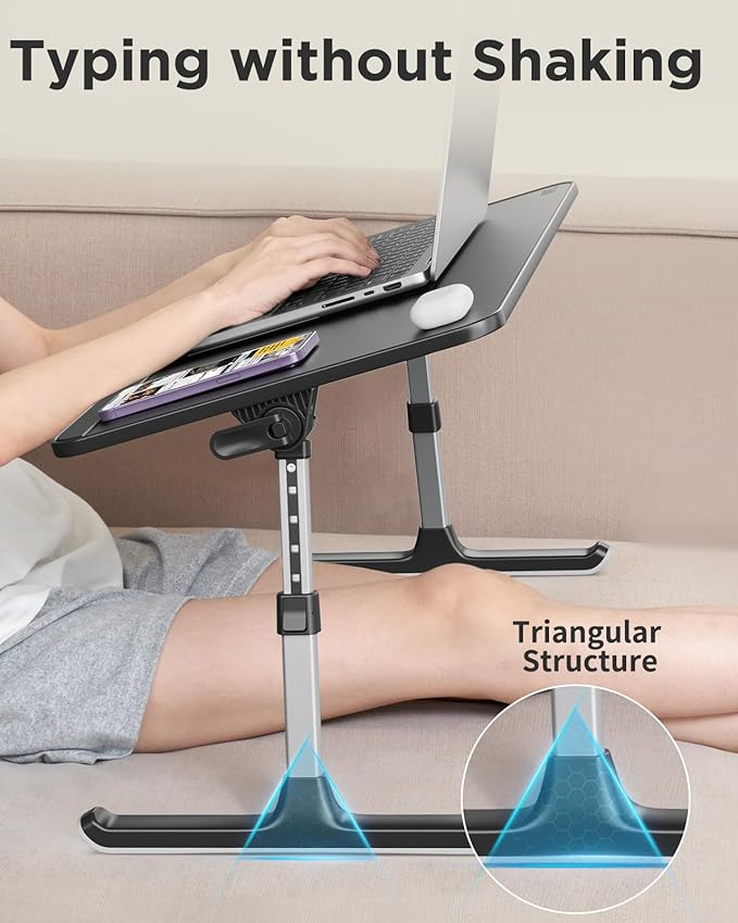 SAIJI PU Leather Laptop Bed Tray Table, Adjustable Laptop Stand with Removable Stopper, Portable Lap Desks with Foldable Legs, Notebook Stand Breakfast Reading Desk for Sofa Couch(Large, Black)