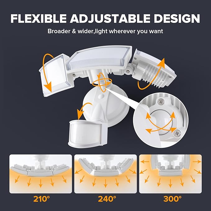 UME 49W 5500LM LED Security Lights Motion Sensor Light Outdoor, 5000K Daylight, IP65 Waterproof, Dusk to Dawn, 3 Head Motion Detected Flood Light for Garage, Yard, Porch(White)