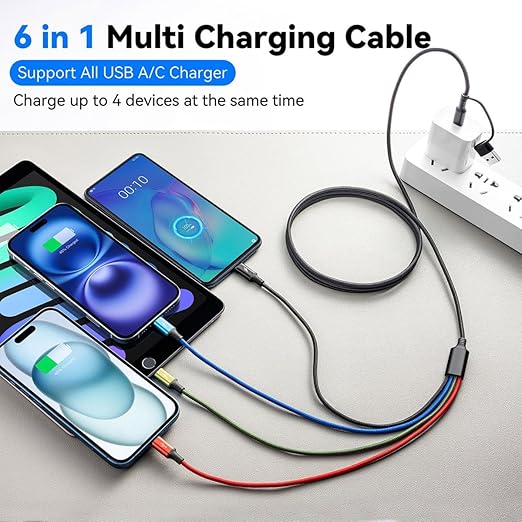 6 in 1 Multi Charging Cable, 2Pack 10Ft USBC Multi Chargers for All Devices Braided USB A/C to Lightning/Type C/Micro USB Ports Universal Charger Cord for iPhone Series/Samsung/Tablets/PS and More