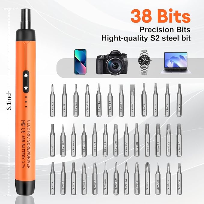 Dmyond Mini Electric Screwdriver Set, Small Cordless Electric Screwdriver, 38 S2 Preicison Bits, Precision Screwdriver Cordless Repair Tool for PC Electronic, Orange