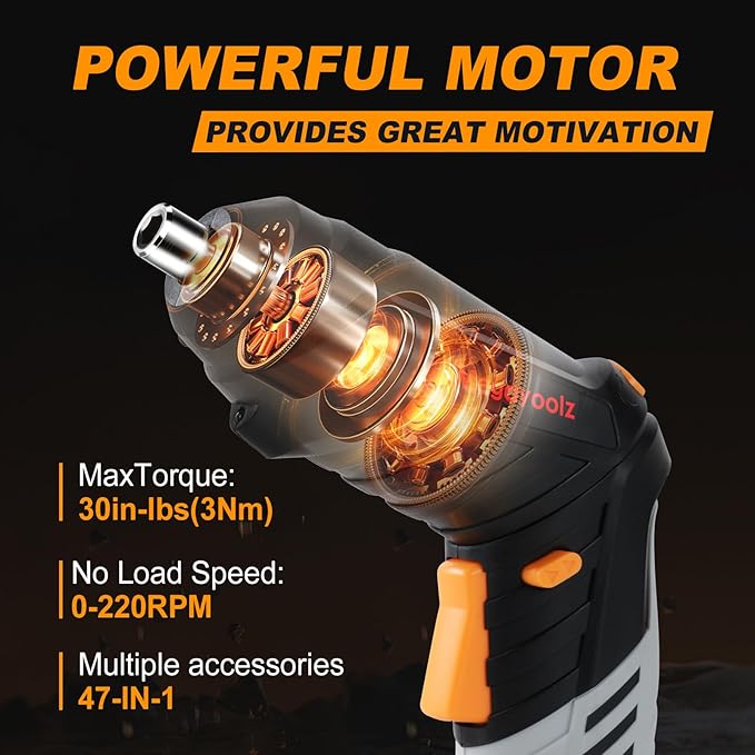 Megarooz Electric Cordless Screwdriver with Rechargeable Battery and Charger, Rotating Handle, LED Light, 47PCS Drill/Driver Accessories,Comes with packaging box for convenient storage (black)