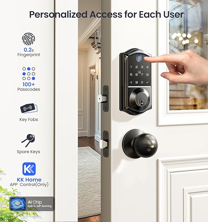 Veise VE017 Fingerprint Smart Door Lock, App Control, 7-in-1 Keyless Entry, Auto Lock, Emergency Power Port, Electronic Touchscreen Keypad, Biometric Smart Locks for Front Door, Matte Black