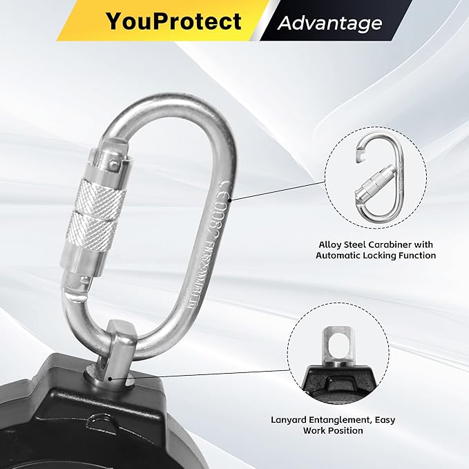 11FT Self Retracting Lifeline Fall Protection Retractable Lanyard, Fall Arrest Safety Yoyo for Construction Industrial - OSHA/ANSI Compliant (Large Hook)