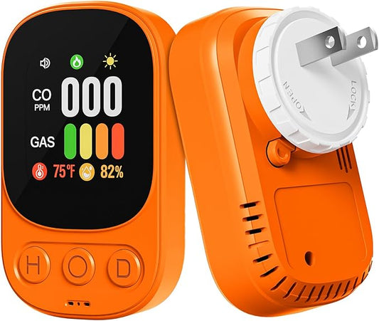 1-Pack 4-in-1 Carbon Monoxide Detector Plug in - Real-Time Gas, Temp & Humidity Detection, Clear Alerts, Compact Design Orange