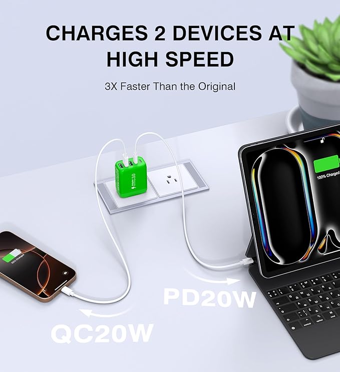 50W USB C Wall Charger Block,5-Port C Charger Fast Charging Block PD Power Adapter +QC 3.0 Multiport Type C Box Charger Cube USB A Wall Plug for iPhone 16/15/14/13 Pro Max Plus,Samsung(Green)(2-Pack)
