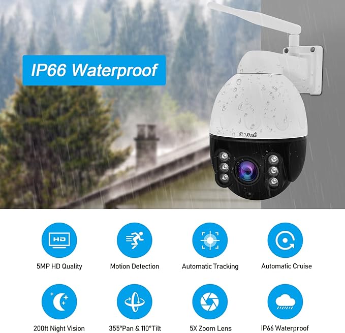 PTZ Camera Outdoor,5MP 5X Optical Zoom WiFi IP Camera with 360° Rotate and 30 Meter View Distance/Human Detection & Auto Tracking/Two Way Audio/IP66 Waterproof/Night Vision
