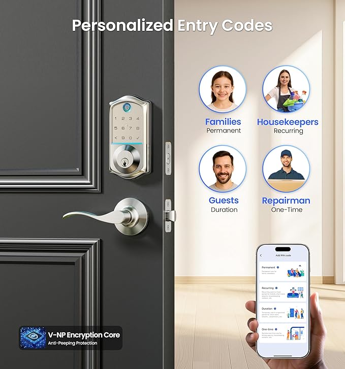 Veise VE017-L Fingerprint Smart Lock with 2 Lever Handles, Keyless Entry Front Door Lock Set, App Control, Electronic Digital Keypad Deadbolt, Easy Installation, Emergency Power Port, Satin Nickel