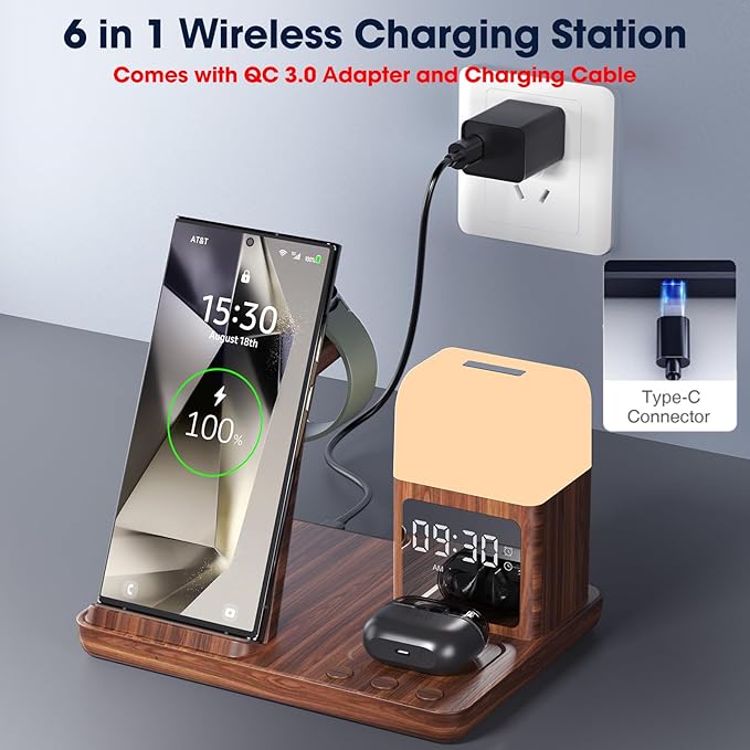 Wireless Charger for Samsung/Android, 6 in 1 Phone Nightstand Charging Station Charge with Alarm Clock/Light for Samsung S25/S24/S23 Ultra/Buds3 Pro,Watch Charger for Galaxy Watch 8/7/6/5-Woodgrain