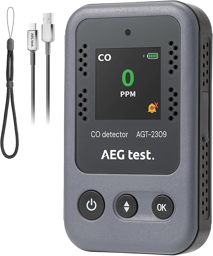 AGT-2309 Portable Carbon Monoxide Detector, 15-Day Standby, Rechargeable Mini CO Monitor with Lanyard for Travel & Camping, Handheld CO Meter with Audible & Visual Alerts, 0-1000ppm - Gray