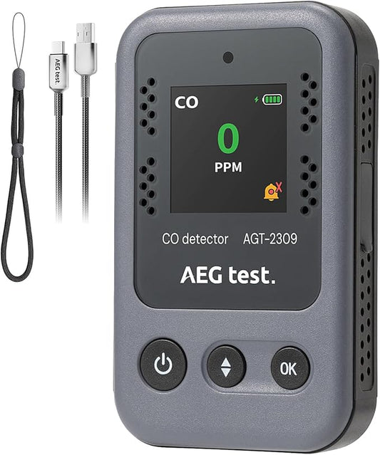 AGT-2309 Portable Carbon Monoxide Detector, 15-Day Standby, Rechargeable Mini CO Monitor with Lanyard for Travel & Camping, Handheld CO Meter with Audible & Visual Alerts, 0-1000ppm - Gray