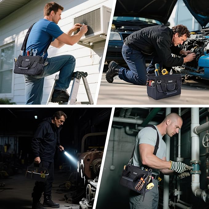 TICONN Heavy Duty Tool Bag with Multi-Pockets, Portable Tool Box Organizer Storage Bag, with Adjustable Shoulder Strap and Ergonomic Handle (Black, 12" Standard Base)