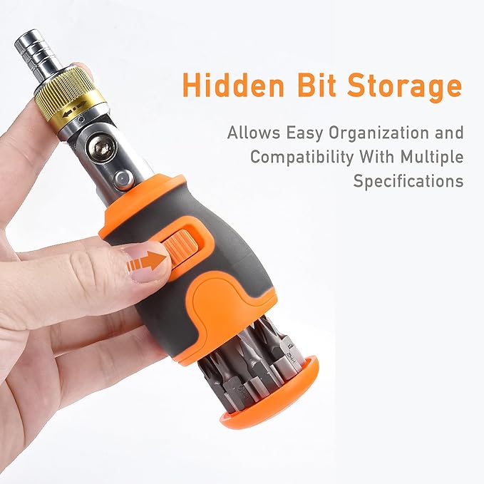 8-in-1 Magnetic Ratcheting Screwdriver Set with Phillips/Torx/Hex/Square Heads - 180° Pivoting Angle, Compact Electrician & DIY Hand Tool Kit Small Mini Set (Orange)