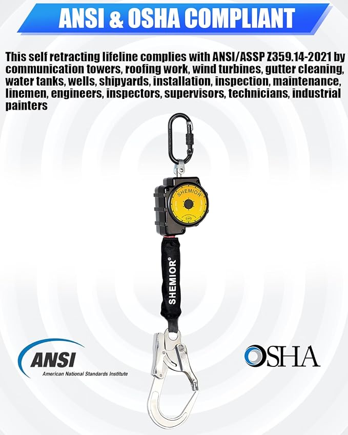 11FT Self Retracting Lifeline, Swivel Top Self Retractable Safety Lanyard, ANSI Lightweight Web SRL, Rebar Hook Fall Arrest Protection Gear