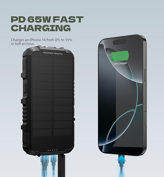Dexnor Solar Charger Power Bank 27,000mAh, 65W PD3.0 & QC3.0 Fast Charging Powerbank External Battery Pack Portable Wireless Chargers with Flashlight and Carabiner, Compatible with MagSafe & Qi