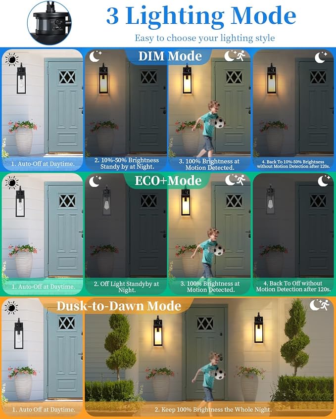 17'' Motion Sensor Outdoor Lights Wall Mount, Dusk to Dawn Exterior Light Fixture, Waterproof Anti-Rust Porch Light Outside Wall Lights for House, Black Wall Sconce Lanterns with Clear Glass, 2 Pack