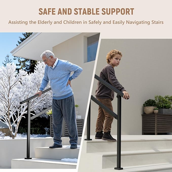 Hand Rails for Outdoor Steps,2-3 Step Railing for Stairs,Adjustable Porch Railing,Hand Rails for Seniors,Outdoor Deck Handrails for Exterior Steps,Black