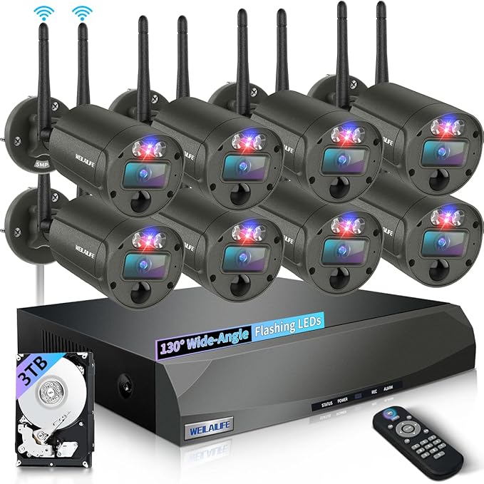 【Flashing LEDs Visual Alert】 Outdoor Wireless Security Camera System, Wireless Cameras for Home Security, WiFi Video Surveillance, NVR Surveillance Camera System
