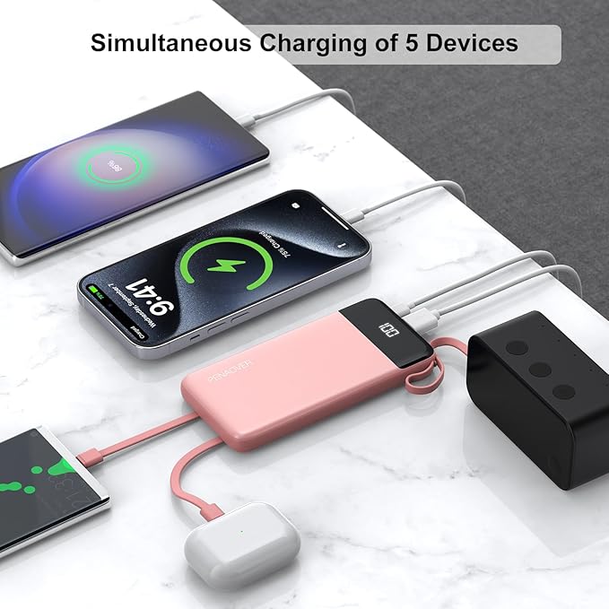 Portable Charger 10000mAh Power Bank with Built-in Cable, 5 Output 2 Input Travel Essential External Battery Pack with LED Display Compatible with iPhone 16/15 Samsung S22 Android,etc