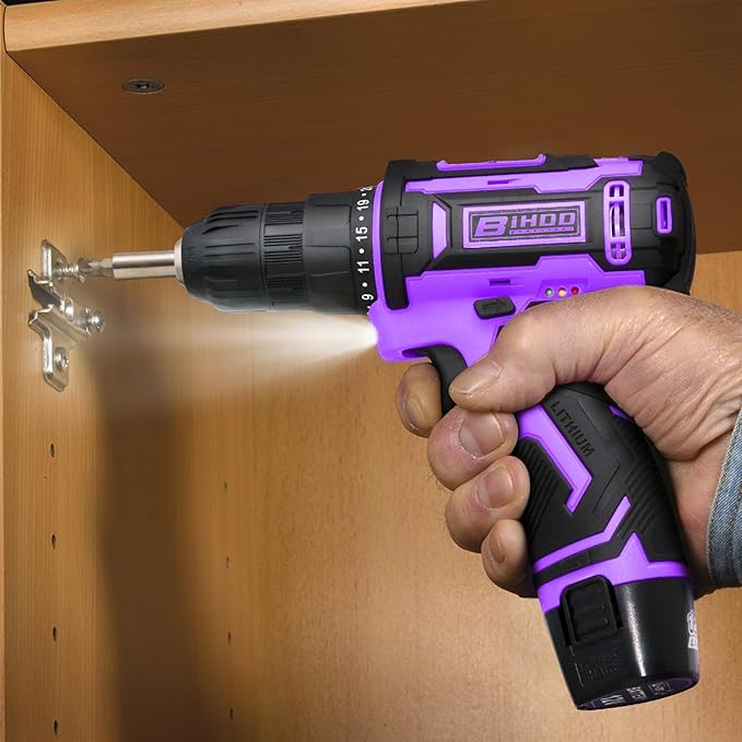 Purple 12v Cordless Drill With Battery And Charger, Electric Screwdriver Kit, 25+1 Torque, Stud Finder Ready,Front LED Light