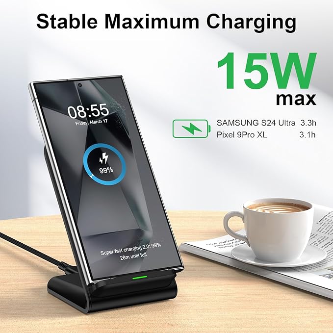15W Samsung S24 FE Wireless Charger Fast Charging Stand for Galaxy S25 Ultra S24 S23 S22 S21 Z Fold6, for Motorola Wireless Desk Phone Charging Station with QC Adapter for Edge/razr+/Moto G Power 2025