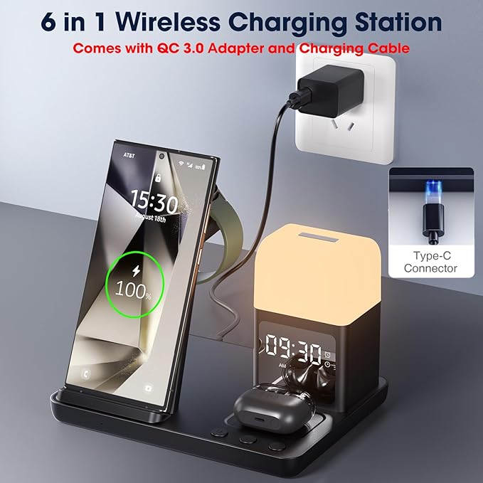 Wireless Charger for Samsung/Android, 6 in 1 Phone Nightstand Charging Station Charger with Alarm Clock/Night Light for Samsung S25/S24/S23 Ultra/Buds3 Pro,Watch Charger for Galaxy Watch 8/7/6/5-Black
