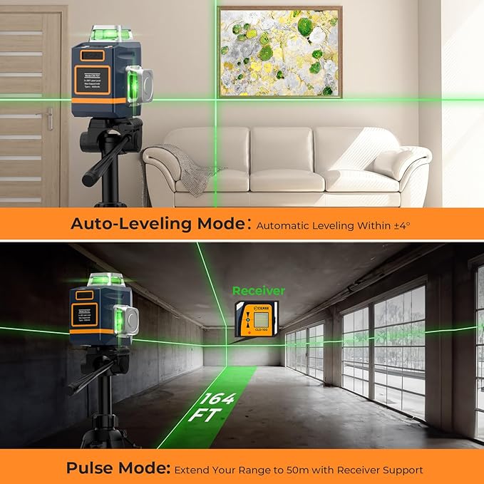 CIGMAN 3D Laser Level with Tripod,Remote Control,Compact Design,4000mAh Battery,Rotary Base,3x360°Self-Leveling Green Laser Leveler for Picture Hanging and DIY Projects