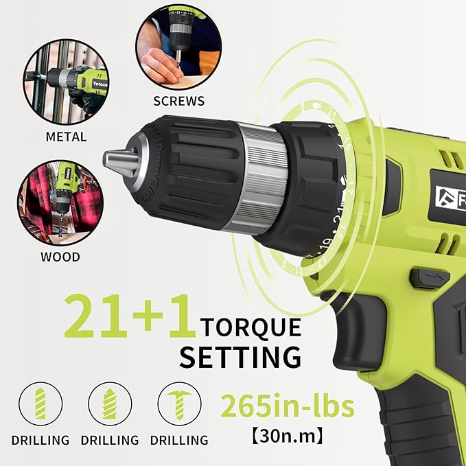 Cordless Drill Set, 20V Electric Power Drill with Battery And Charger, Torque 30N, 21+1 Torque Setting, 3/8-Inch Keyless Chuck, Drill Driver Bits Kit, with LED Electric Drill Set. (green)
