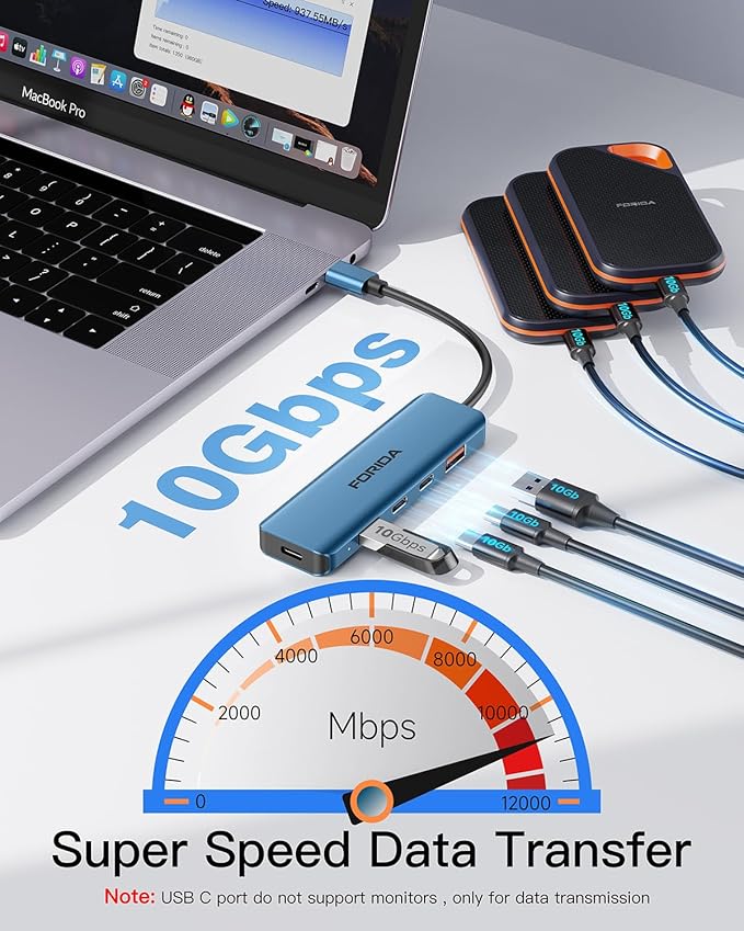 USB C Hub, 10Gbps USB 3.1 Adapter for MacBook, with 100W PD Charging, 2 USB C 3.1 10Gbps and 2 USB A 3.1 Data Ports, Compatible with Surface, XPS, Samsung, Dell and More (Blue)