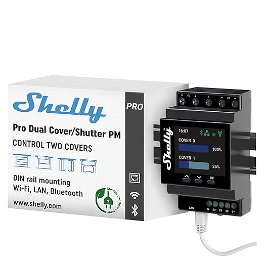 Shelly Pro Dual Cover/Shutter PM | LAN and Wi-Fi Connection, Professional DIN Rail Smart Dual Cover/Shutter Controller with 2 Covers 16 A Each | Home Automation | Precise Power Metering