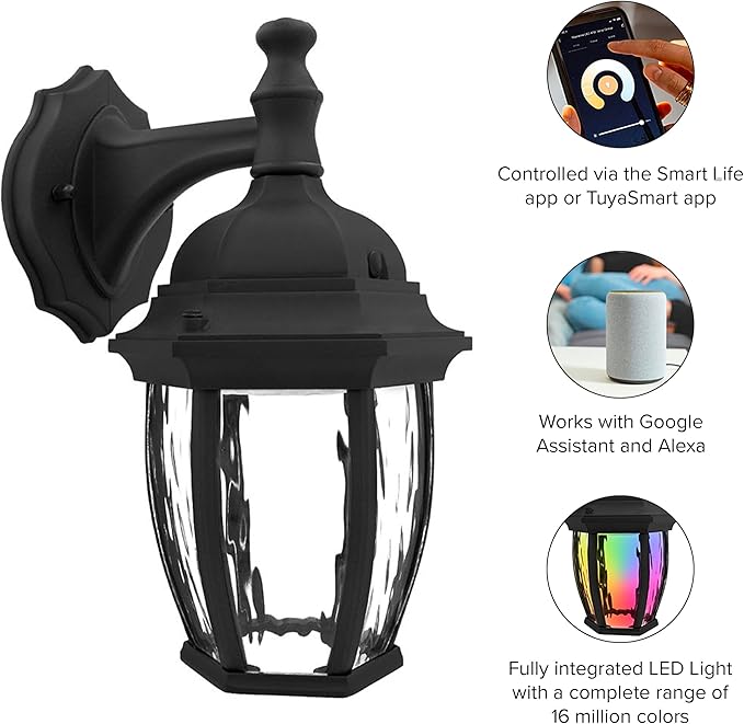 Maxxima Luvoni Smart WiFi LED Outdoor Wall Light, Black w/Clear Water Glass, App Controlled Porch Lantern, 850 Lumens, CCT 2700K - 6500K, Dimmable, Works with Google Home/Alexa
