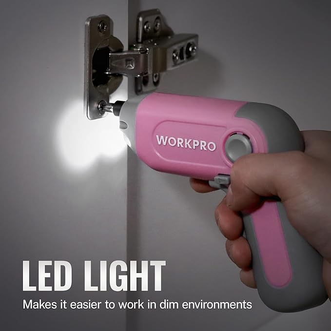 WORKPRO Electric Cordless Screwdriver with Offset Driving Shaft, 3.6V Automatic Rechargeable Screw Driver with 22PCS Bits, Battery Powered Automatic Screw Gun with LED Light & Carry Case - Pink Ribbon