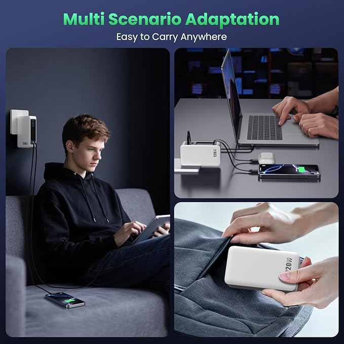 120W USB C Charger Block with 2 Built-in Retractable Cables,4-in-1 GaN IV Foldable Plug Wall Charger Fast Charging Station,PD 65W Laptop Adapter for MacBook/iPad,iPhone 16/15/14,Android (White)