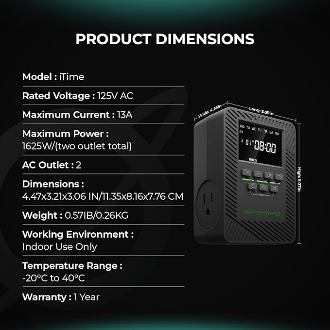 2025 MARS Hydro ITime 2-in-1 Smart Timer Outlet Dual Outlet App Control Custom Programmable 12 On/Off Heavy Duty Plug-in Outlet Timer with Countdown Setting