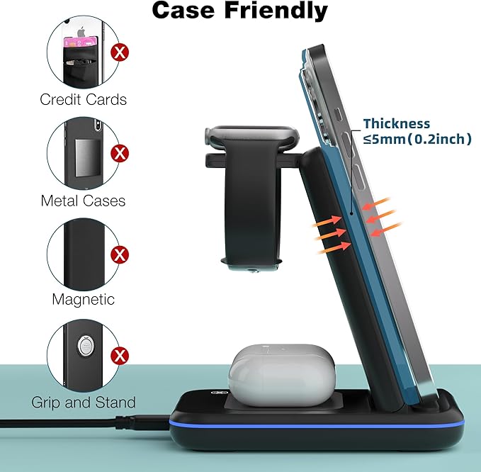 Wireless Charger for iPhone, Foldable 3 in 1 Fast Charging Station/Stand/Multi Charger for iPhone15 14 13 12 11/Xs/XR/X/8, Travel Pad for Apple Watch S8/Ultra/7/6/5/4/3/2/SE, Airpods 2/3/Pro/Pro 2
