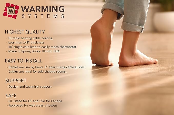 100 Sqft Warming Systems 120 V Electric Tile Radiant Floor Heating Cable with WiFi Touch Screen Programmable Thermostat. Includes Installation Monitor and Floor Temperature Sensor