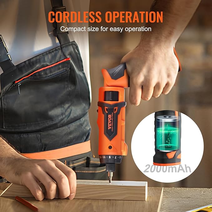 VEVOR Cordless Screwdriver,4V 7Nm Electric Screwdriver Rechargeable Set with 12 Accessory Kit and Charging Cable,Screw Gun with 20+1 Torque Setting & Twistable Handle for Home DIY.