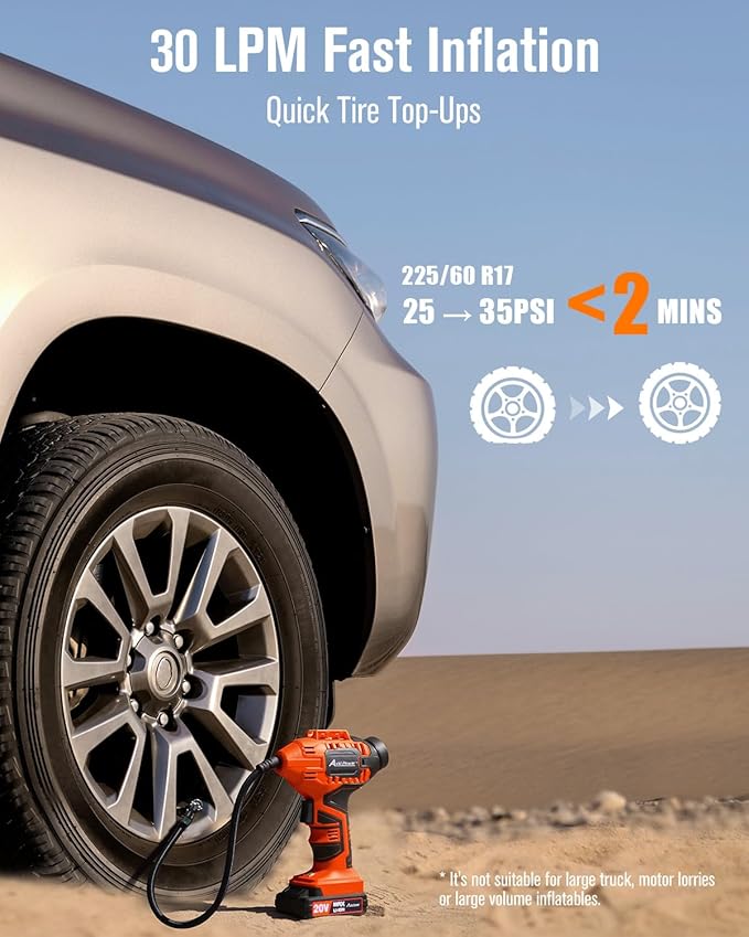 Avid Power Tire Inflator Portable Air Compressor, 20V Cordless Rechargeable Battery Tire Pump w/ 12V Car Power Adapter, Digital Pressure Gauge, Auto Air Pump for Many Inflatables (Orange)